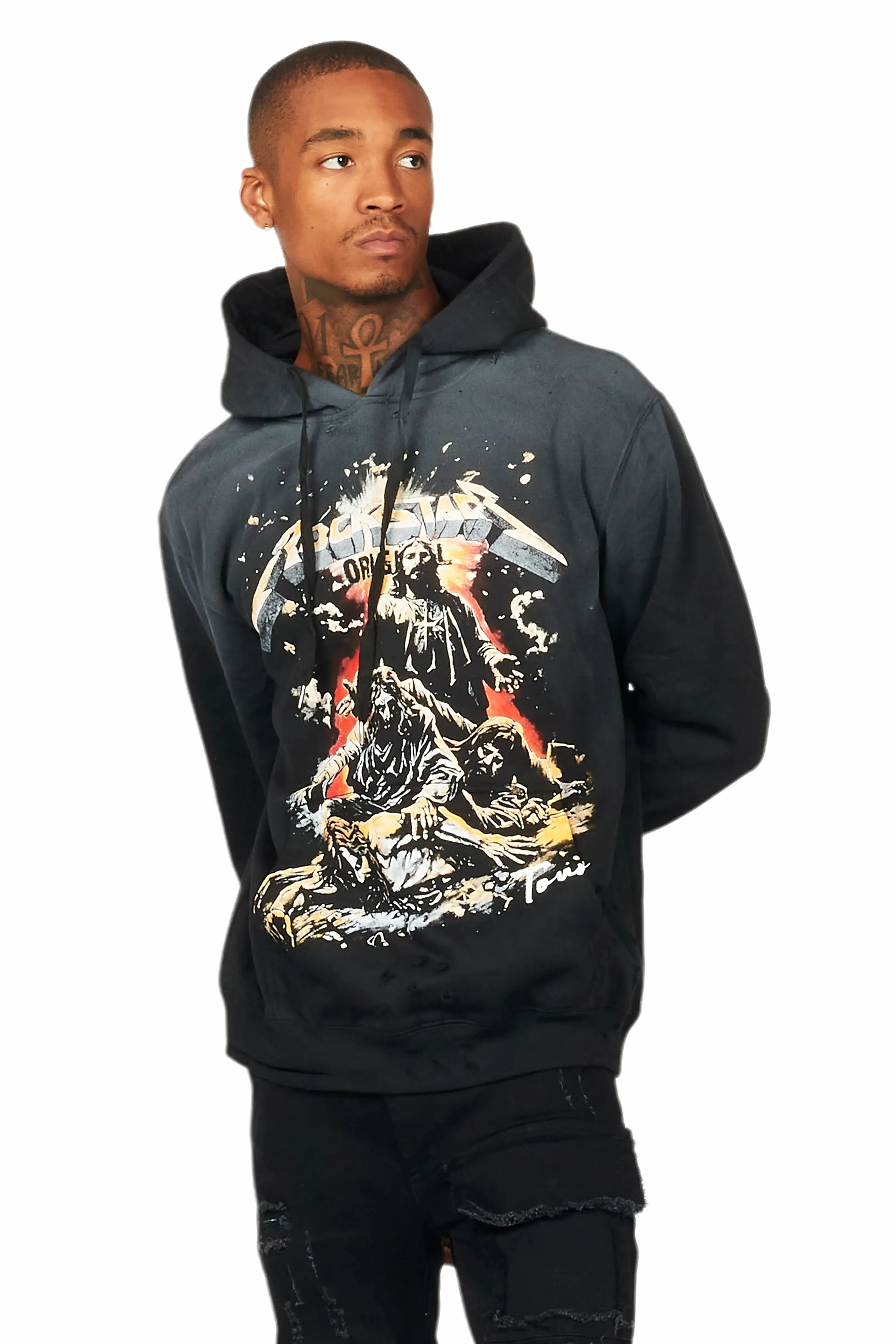 Akando Black Graphic Distressed Hoodie