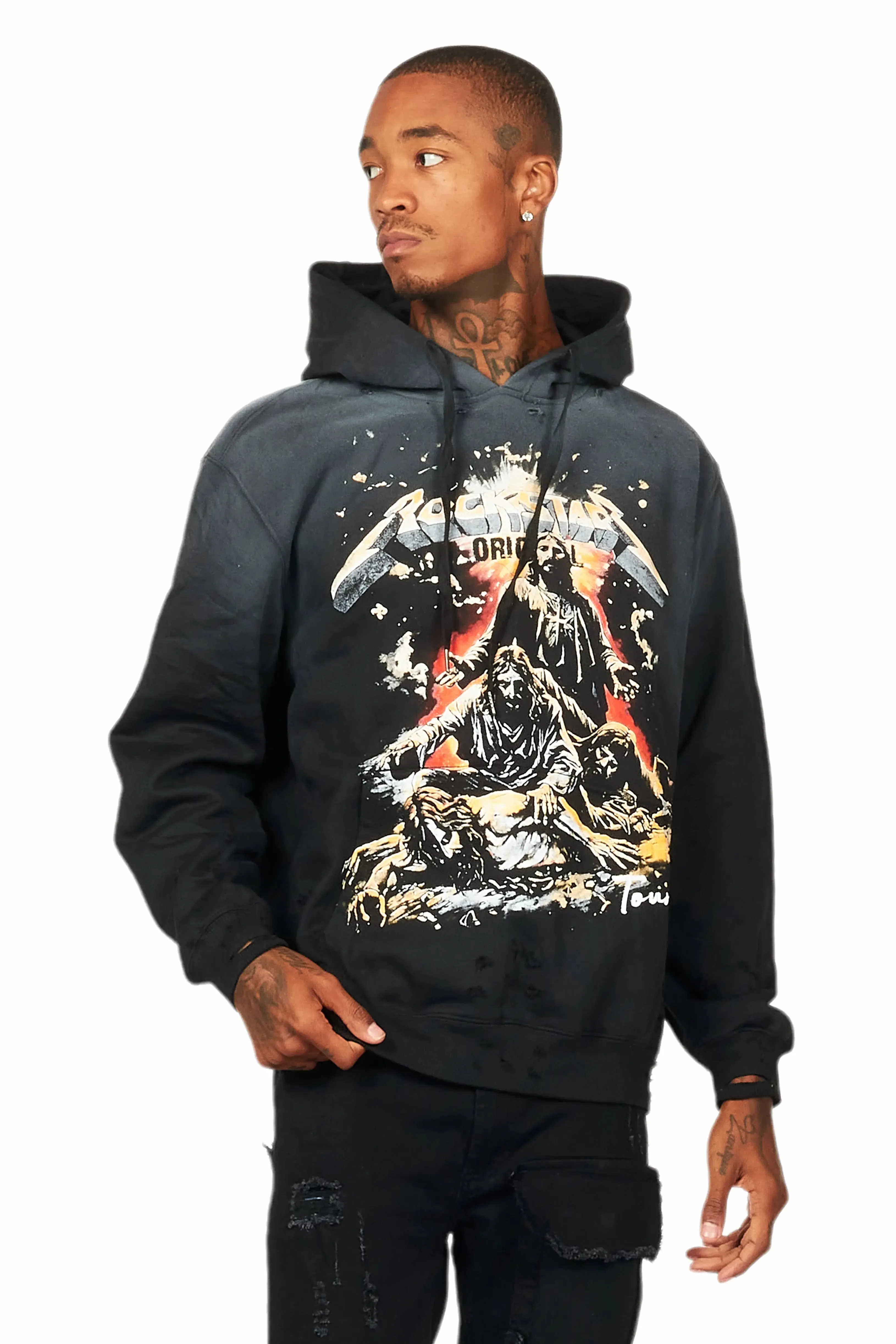 Akando Black Graphic Distressed Hoodie