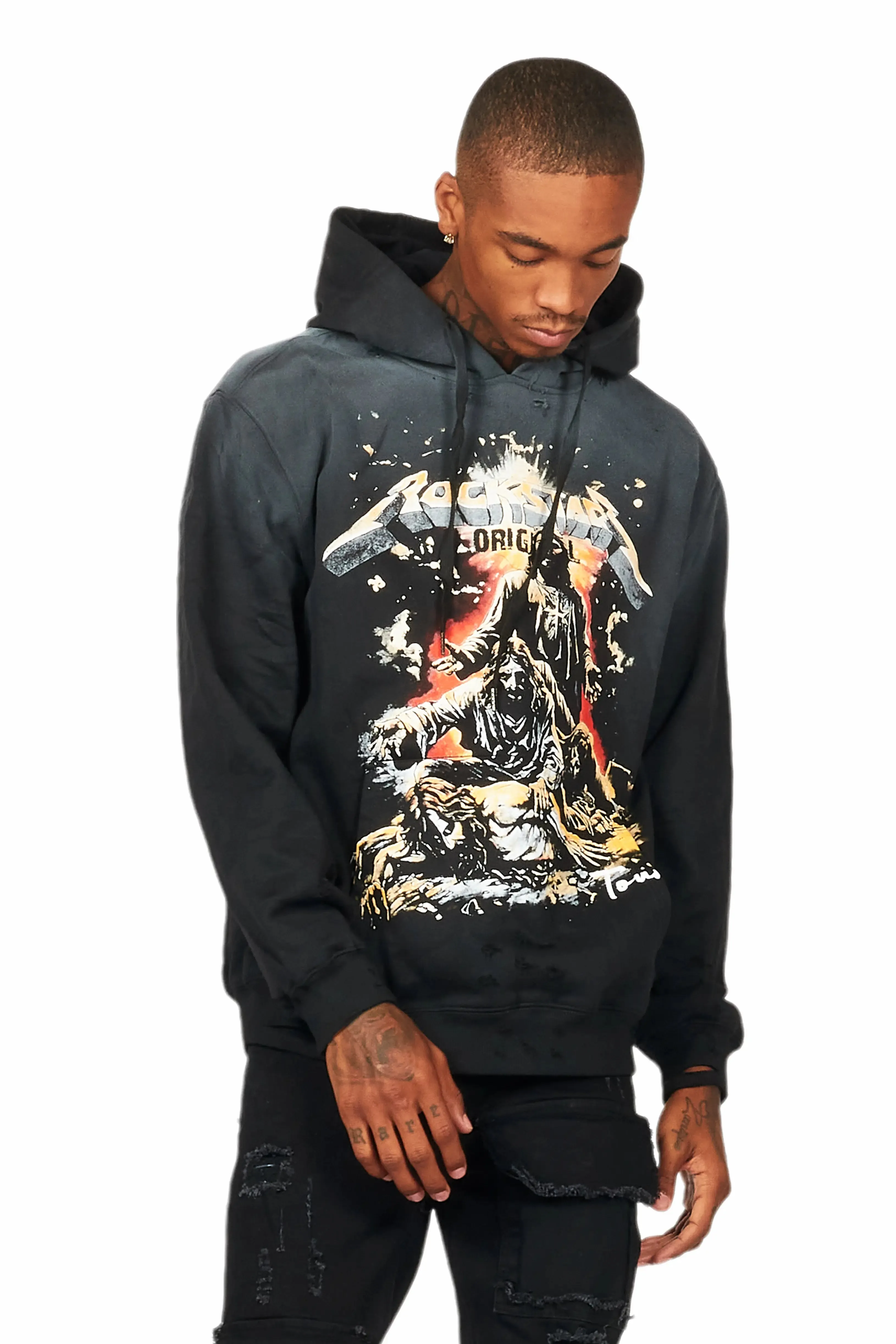 Akando Black Graphic Distressed Hoodie