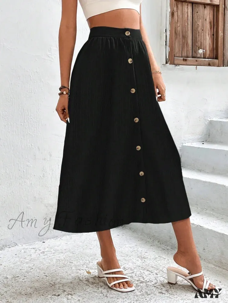 Amy Fashion - High Waist Button Detail Plisse A-line Skirt