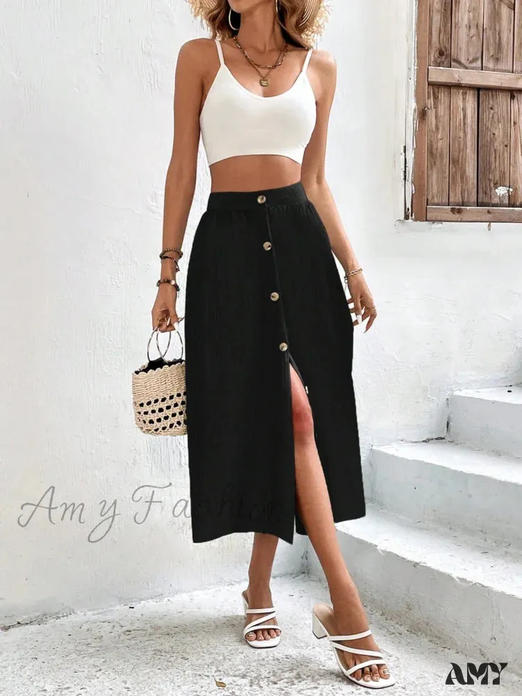 Amy Fashion - High Waist Button Detail Plisse A-line Skirt