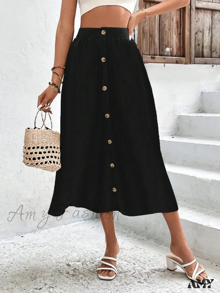 Amy Fashion - High Waist Button Detail Plisse A-line Skirt