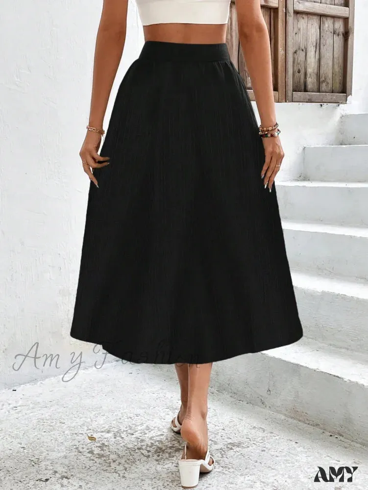 Amy Fashion - High Waist Button Detail Plisse A-line Skirt