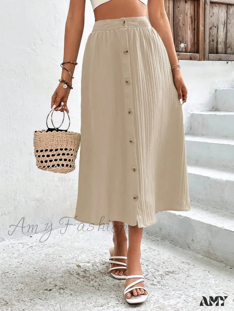 Amy Fashion - High Waist Button Detail Plisse A-line Skirt