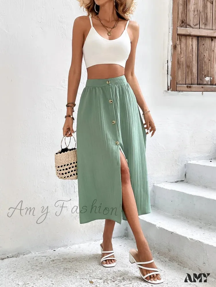 Amy Fashion - High Waist Button Detail Plisse A-line Skirt