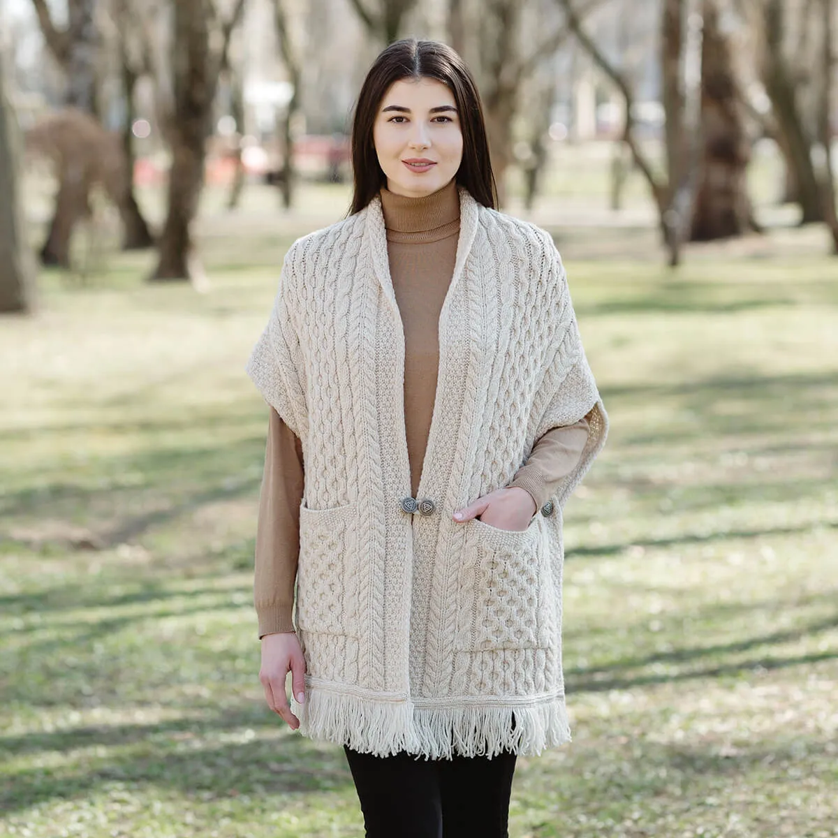 Aran Shawl Wrap Cardigan with Pockets