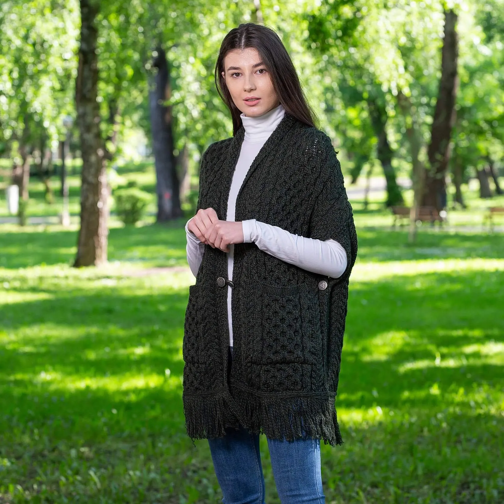 Aran Shawl Wrap Cardigan with Pockets