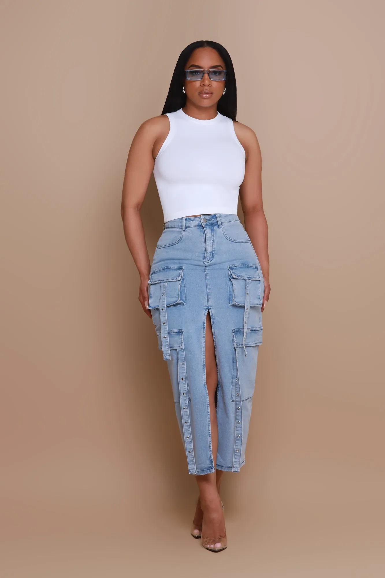 Be Gone Denim Cargo Skirt - Light Wash