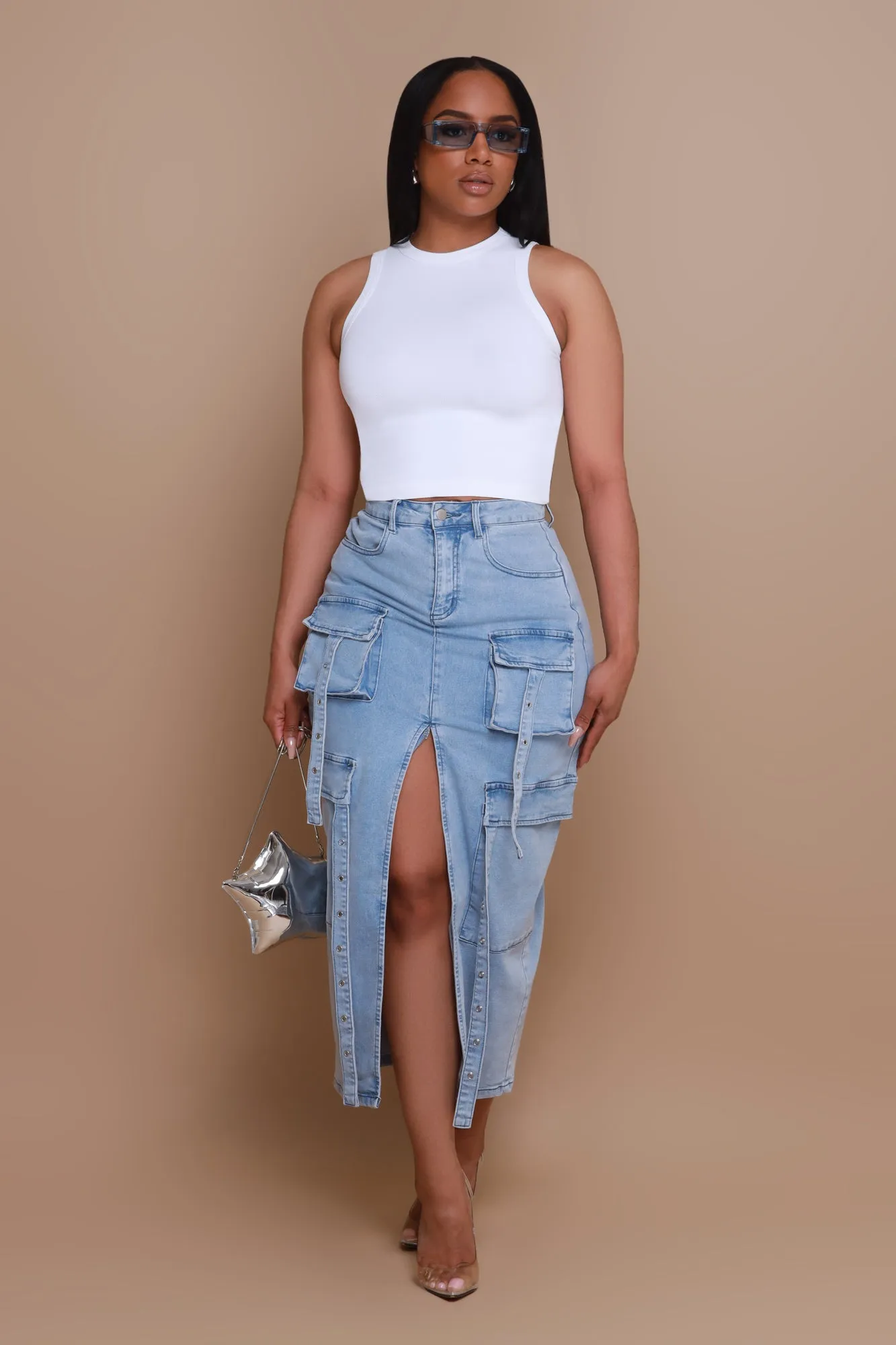 Be Gone Denim Cargo Skirt - Light Wash