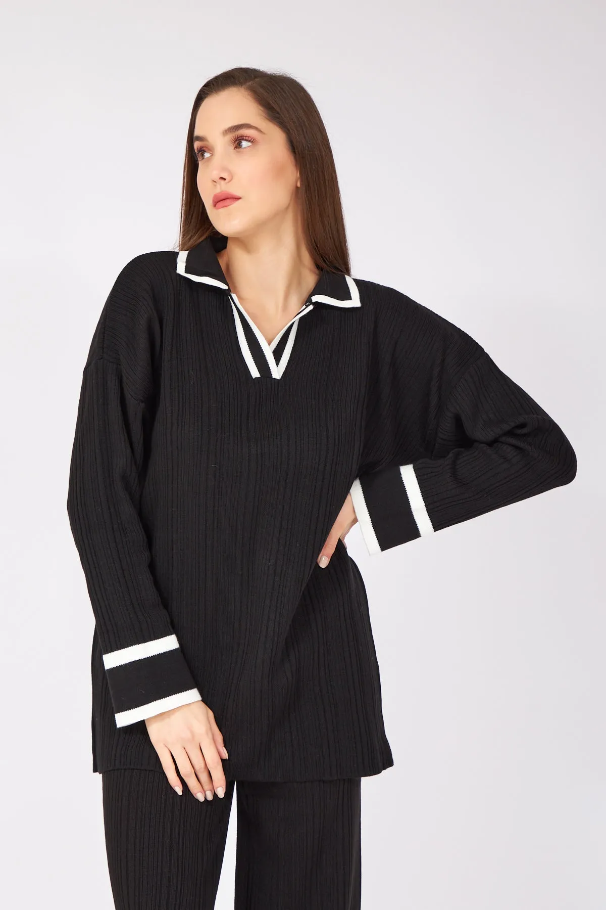 Black white Striped Polo Neck Knitwear Suit