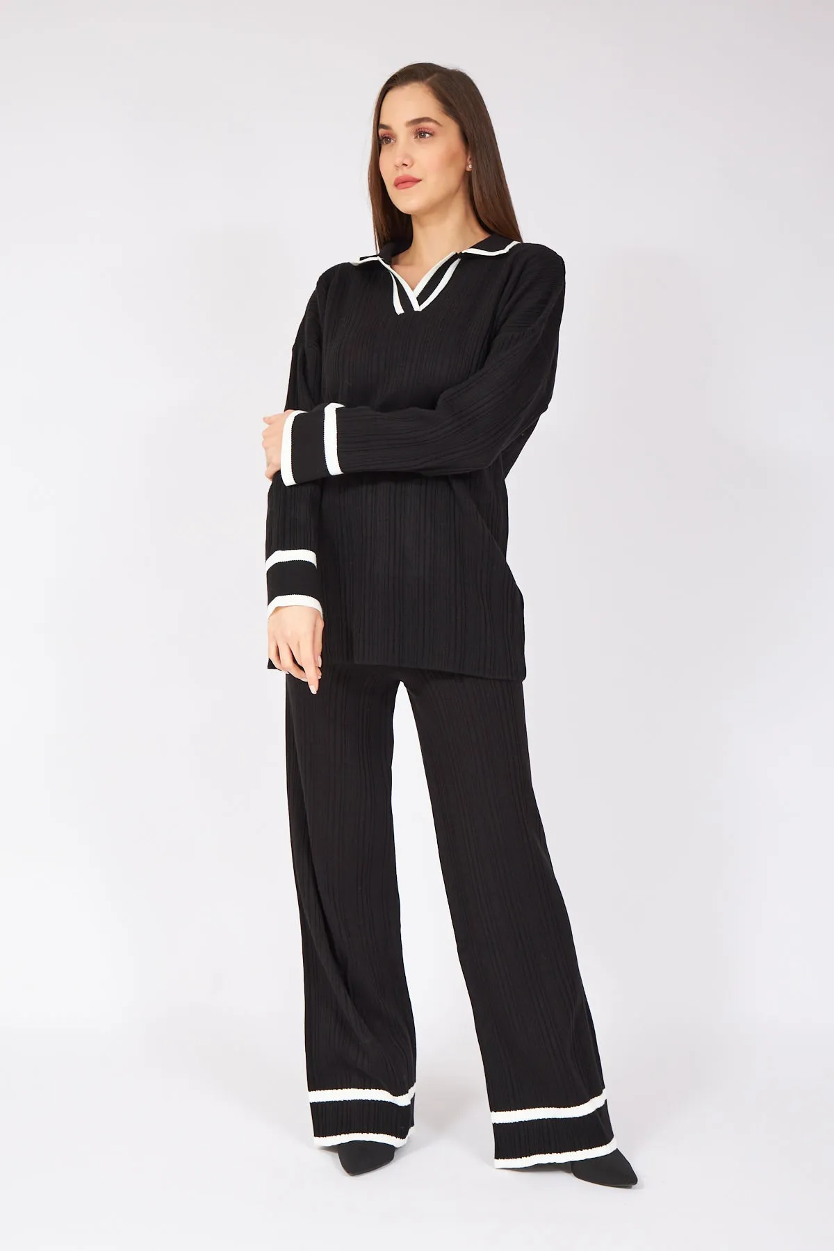 Black white Striped Polo Neck Knitwear Suit