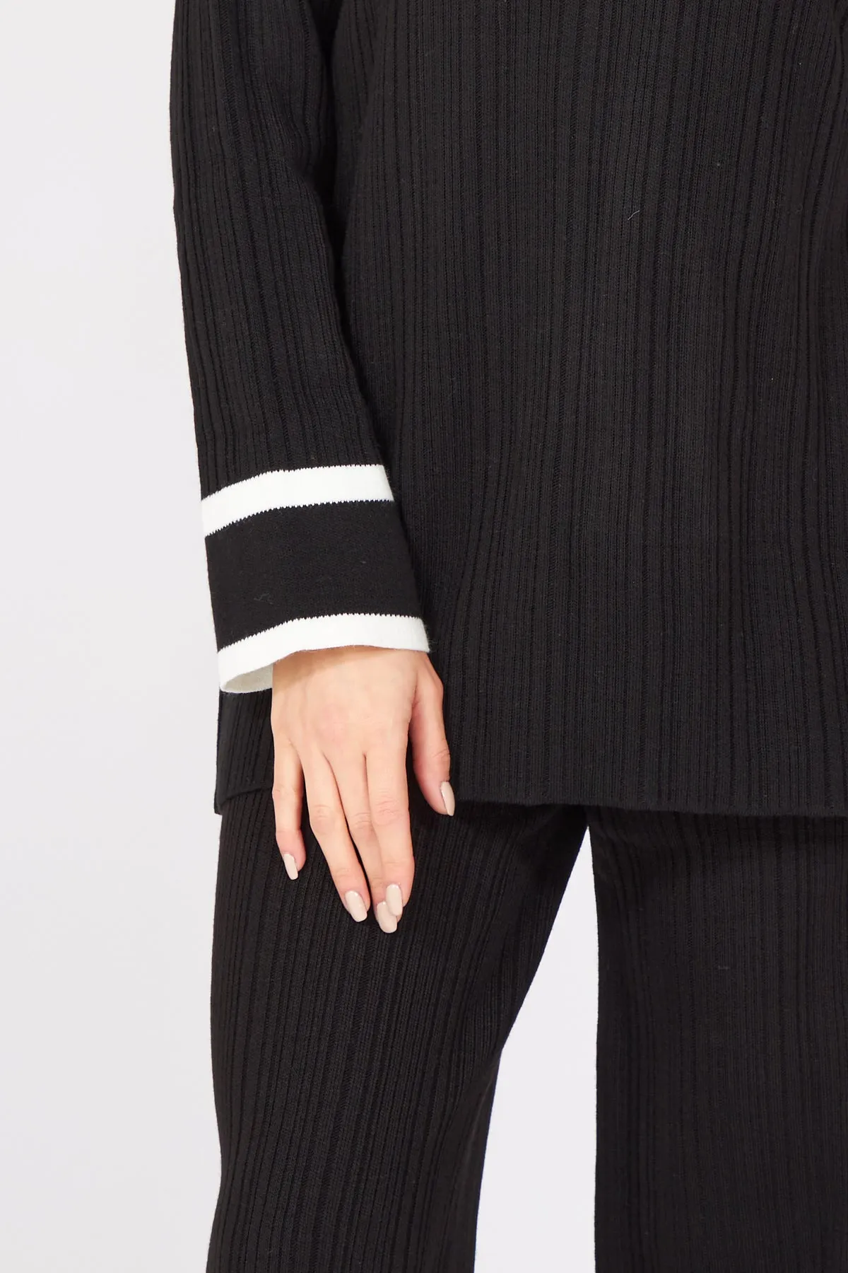 Black white Striped Polo Neck Knitwear Suit