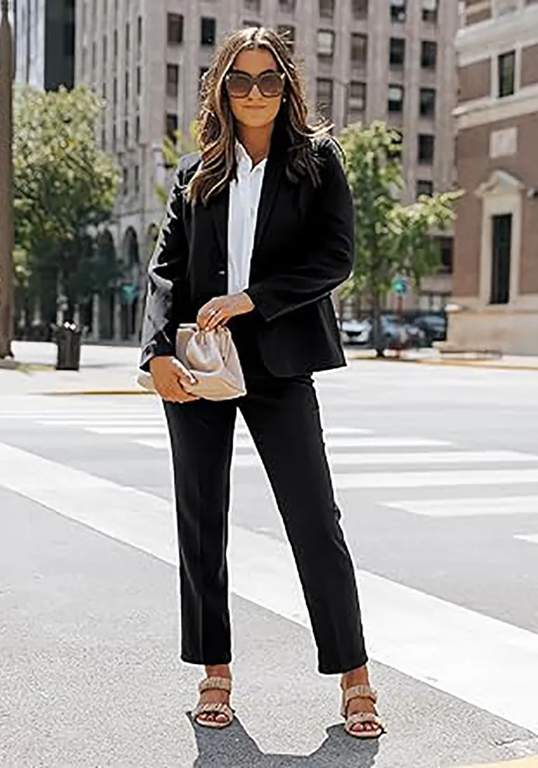 Black Women's Blazer Set Business Casual Full Fit Blazer Jackets and Straight Pant Suits with Pockets