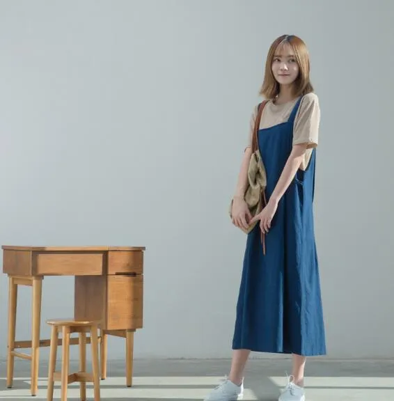 Blue Linen Jumpsuit wide Leg Pants Women Long  Slip Dress/0055