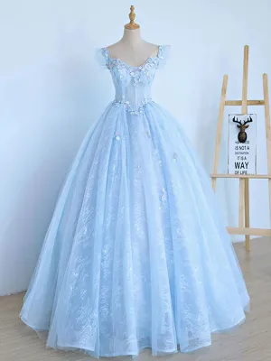 Blue Long Lace Floral Prom Dresses, Long Blue Lace Formal Evening Dresses with Flowers