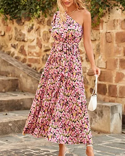 BTFBM Women 2023 Boho Summer One Shoulder Dresses Short Sleeve Floral Solid High Waist Elegant Belted Pleated Maxi Dress(Floral Black Pink, Small)