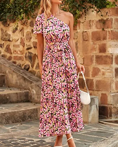 BTFBM Women 2023 Boho Summer One Shoulder Dresses Short Sleeve Floral Solid High Waist Elegant Belted Pleated Maxi Dress(Floral Black Pink, Small)