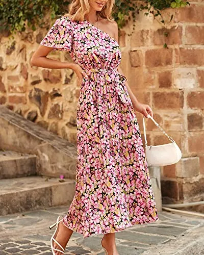 BTFBM Women 2023 Boho Summer One Shoulder Dresses Short Sleeve Floral Solid High Waist Elegant Belted Pleated Maxi Dress(Floral Black Pink, Small)