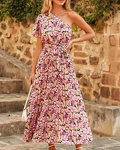 BTFBM Women 2023 Boho Summer One Shoulder Dresses Short Sleeve Floral Solid High Waist Elegant Belted Pleated Maxi Dress(Floral Black Pink, Small)