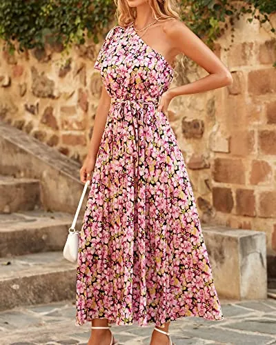 BTFBM Women 2023 Boho Summer One Shoulder Dresses Short Sleeve Floral Solid High Waist Elegant Belted Pleated Maxi Dress(Floral Black Pink, Small)