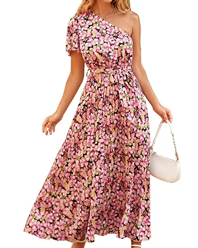 BTFBM Women 2023 Boho Summer One Shoulder Dresses Short Sleeve Floral Solid High Waist Elegant Belted Pleated Maxi Dress(Floral Black Pink, Small)