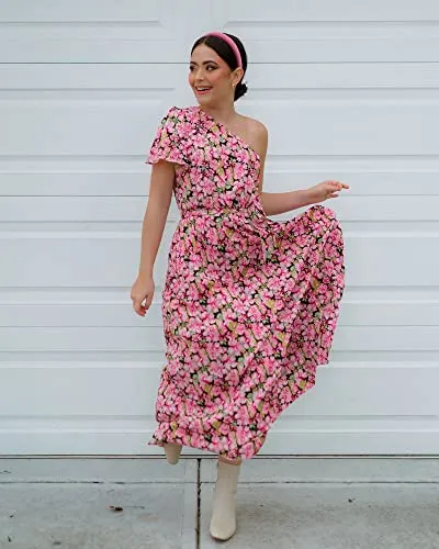 BTFBM Women 2023 Boho Summer One Shoulder Dresses Short Sleeve Floral Solid High Waist Elegant Belted Pleated Maxi Dress(Floral Black Pink, Small)