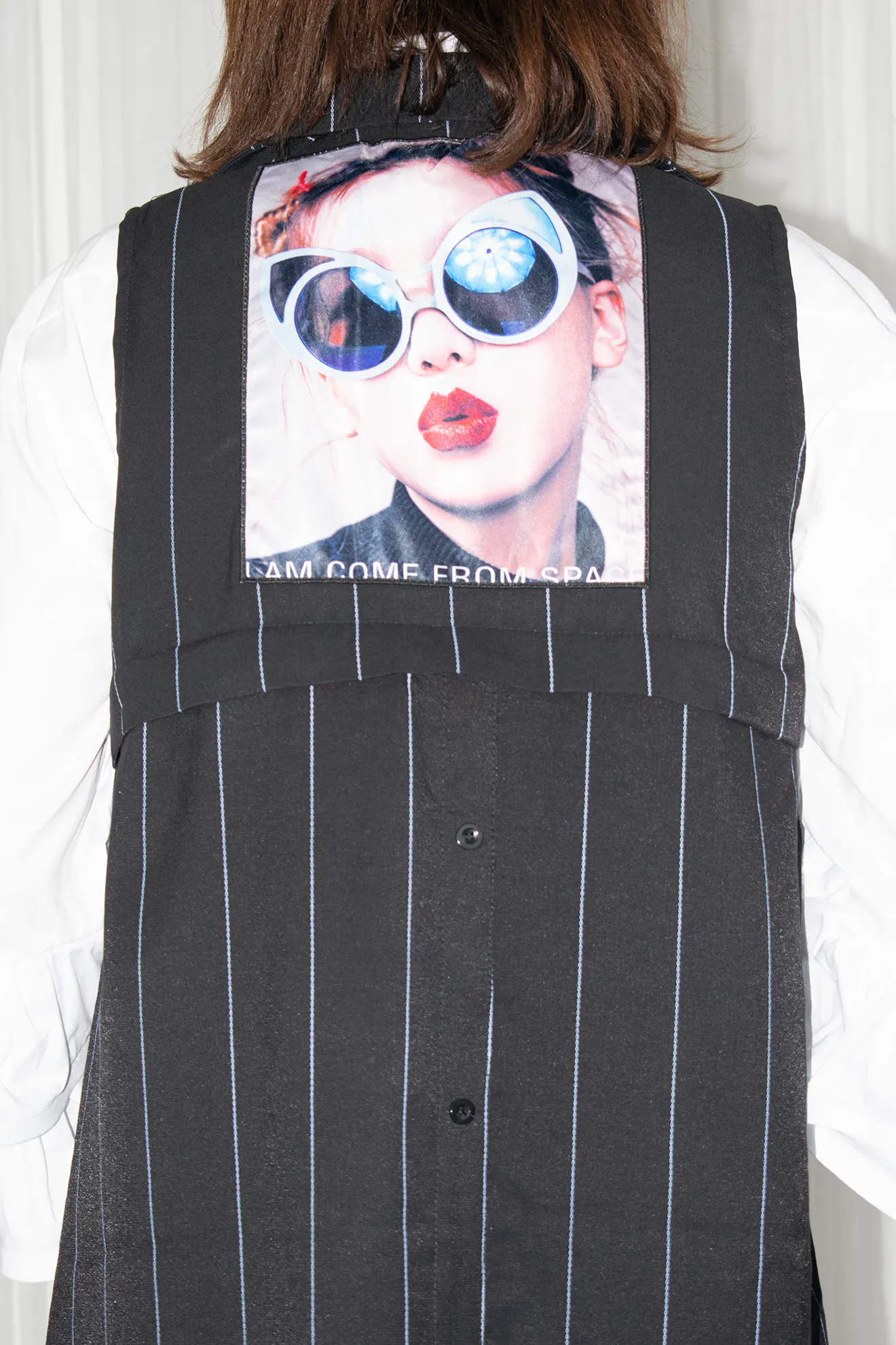 Camilla Pin Stripe Waistcoat with Back Decal in Black/Sky Blue