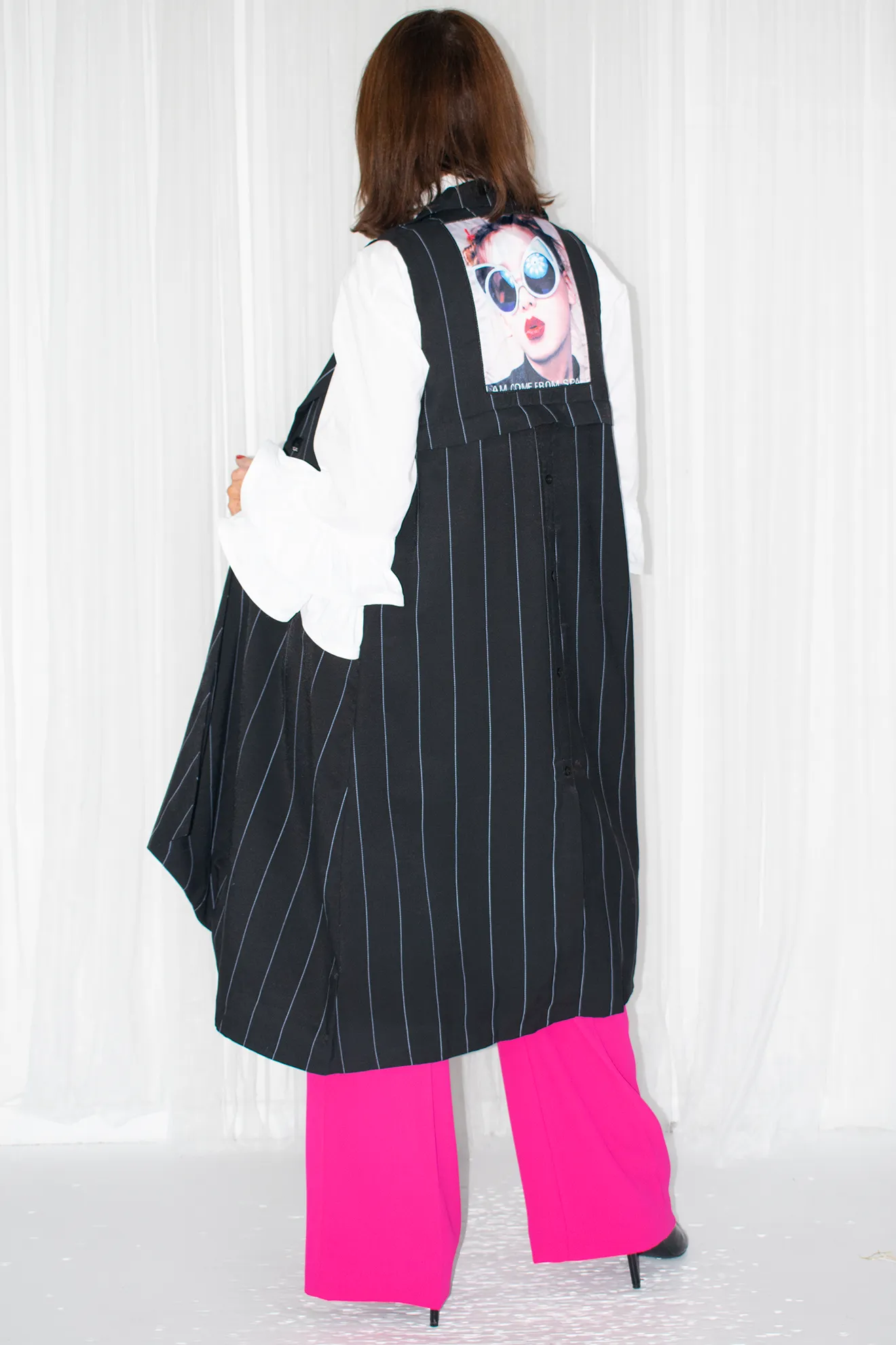 Camilla Pin Stripe Waistcoat with Back Decal in Black/Sky Blue