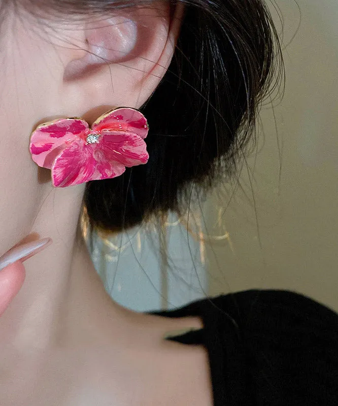 Casual Pink Metal Zircon Floral Stud Earrings LY2000