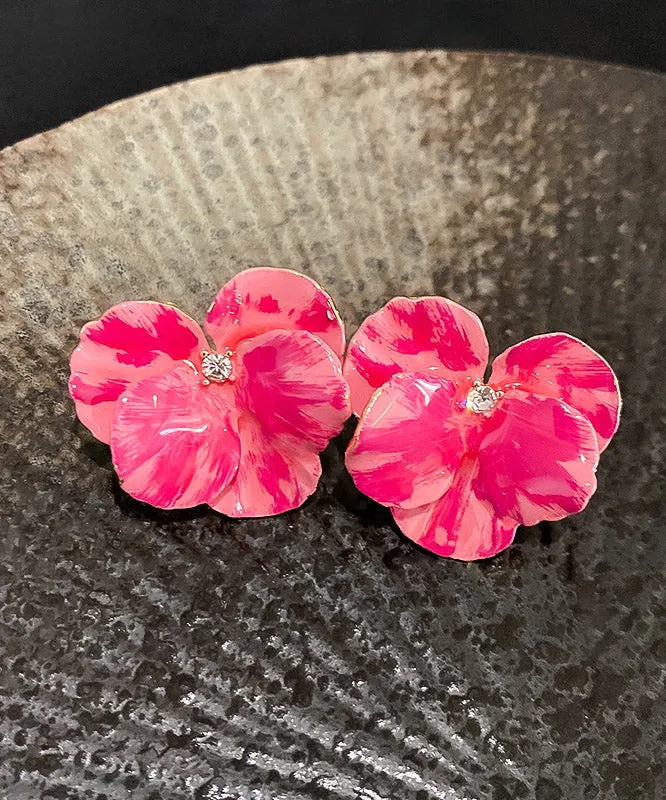 Casual Pink Metal Zircon Floral Stud Earrings LY2000