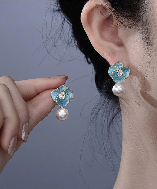 Chic Blue Copper Alloy Pearl Enamel Floral Drop Earrings WH031