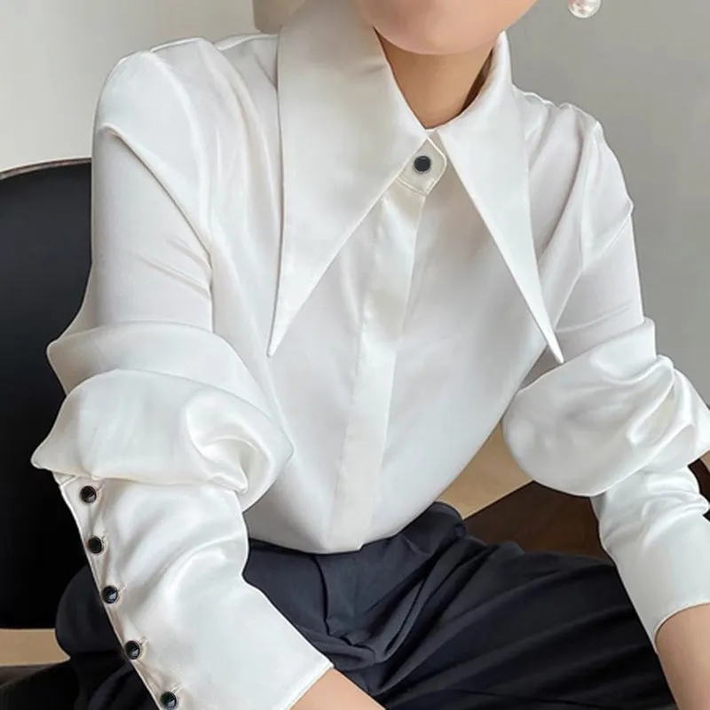 Chic Vintage Women Blouse Elegant Single-breasted Satin Silk Women Shirt