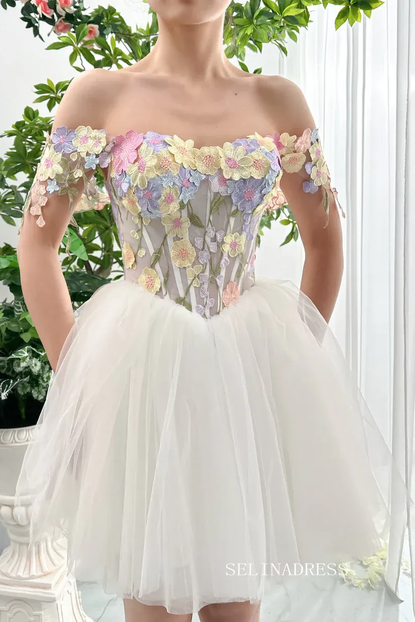 Corset 3D Floral Short Prom Dress with Removable Sleeve Off Shoulders Homecoming Dress EWR406