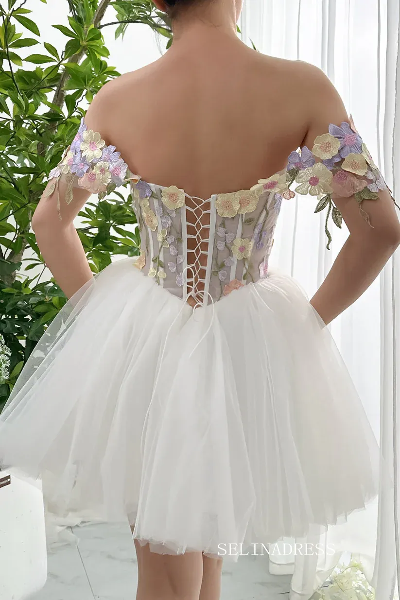 Corset 3D Floral Short Prom Dress with Removable Sleeve Off Shoulders Homecoming Dress EWR406