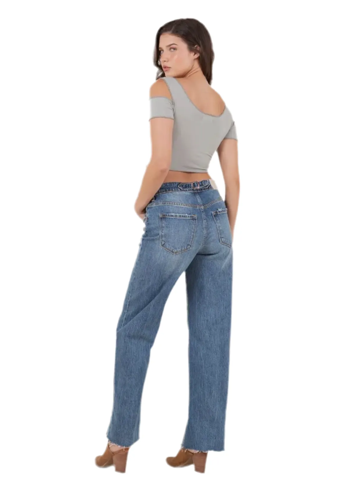 Cuff Detail Crossover High Waist Straight Jeans