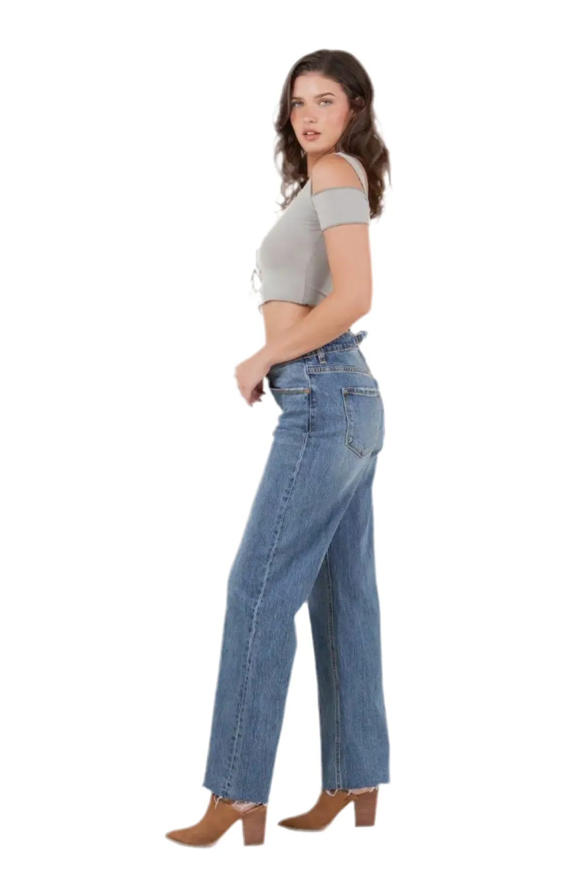 Cuff Detail Crossover High Waist Straight Jeans