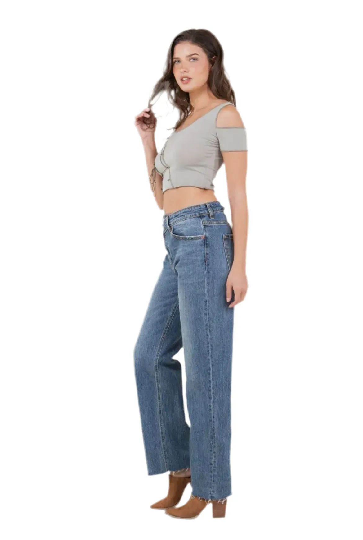 Cuff Detail Crossover High Waist Straight Jeans