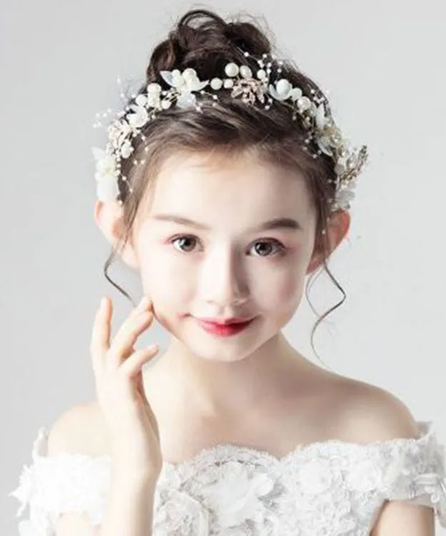 Cute White Tulle Pearl Floral Kids Crown IU042