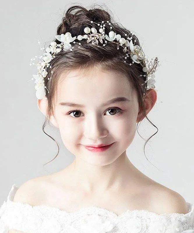 Cute White Tulle Pearl Floral Kids Crown IU042