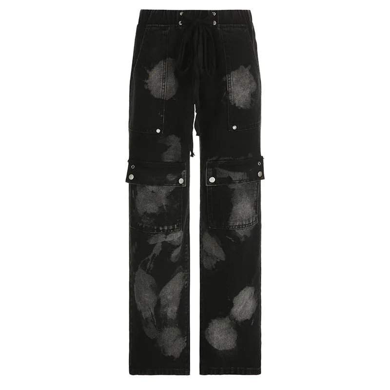 Dark punk style trendy design smudged loose jeans