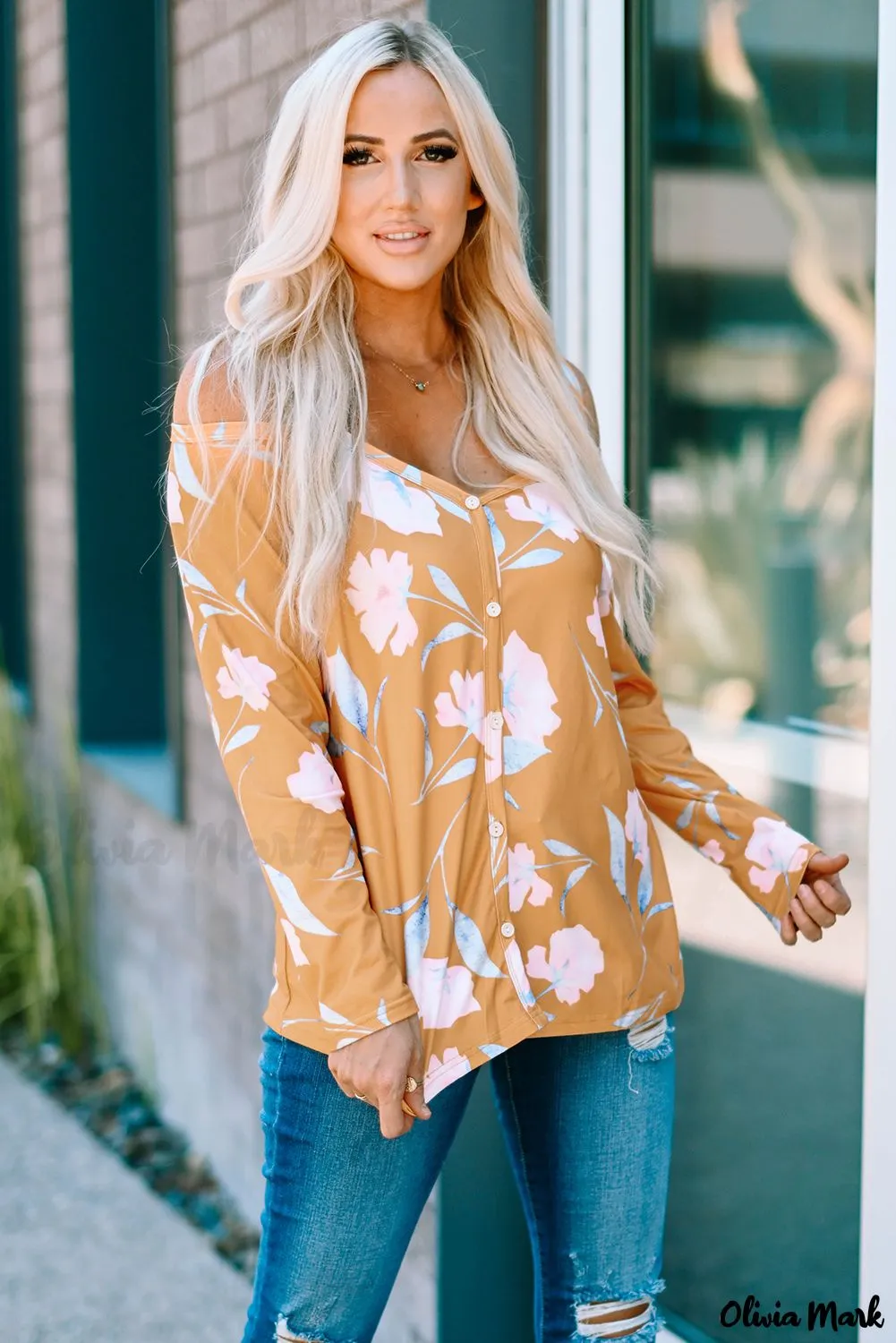 Deanwangkt - Yellow Floral Off Shoulder Long Sleeve Top