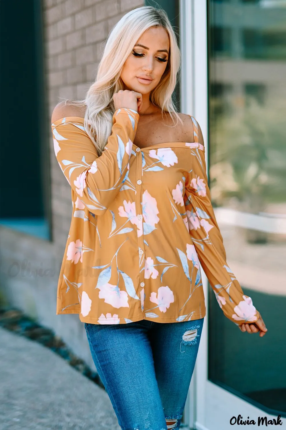 Deanwangkt - Yellow Floral Off Shoulder Long Sleeve Top