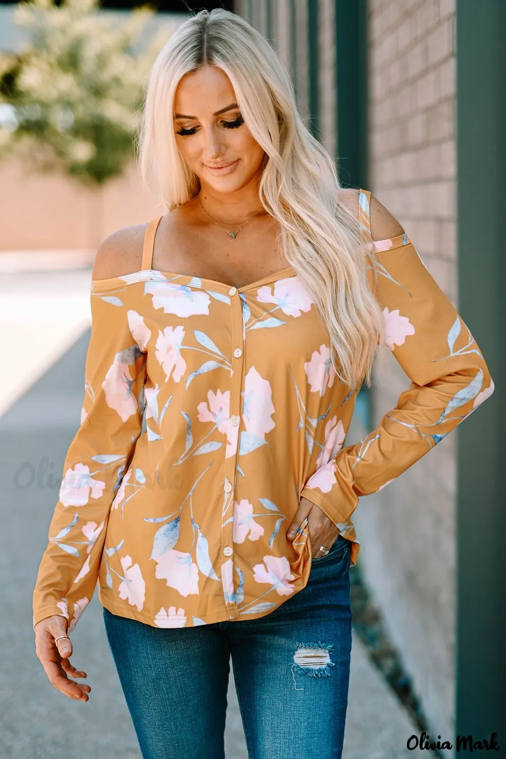 Deanwangkt - Yellow Floral Off Shoulder Long Sleeve Top