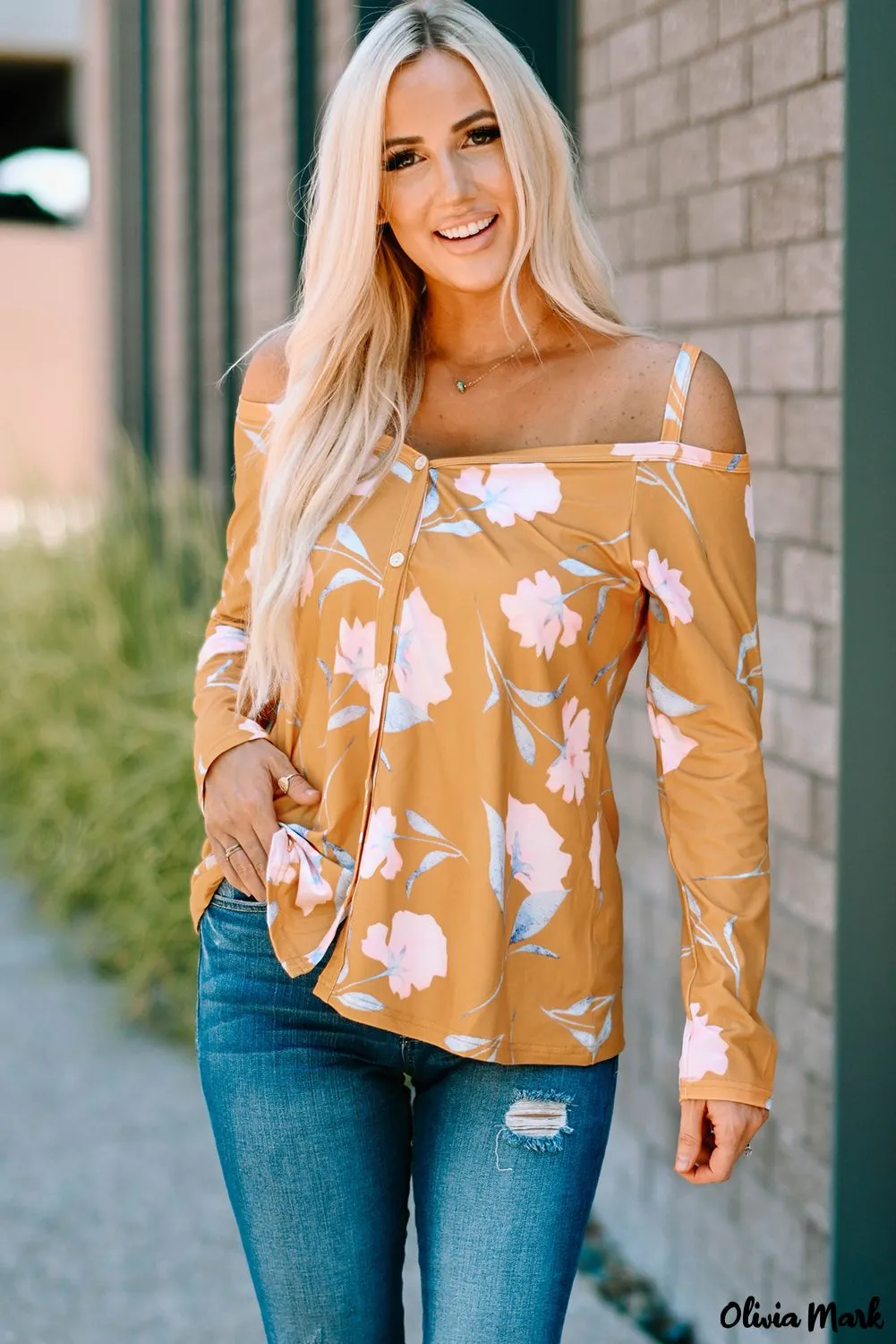 Deanwangkt - Yellow Floral Off Shoulder Long Sleeve Top