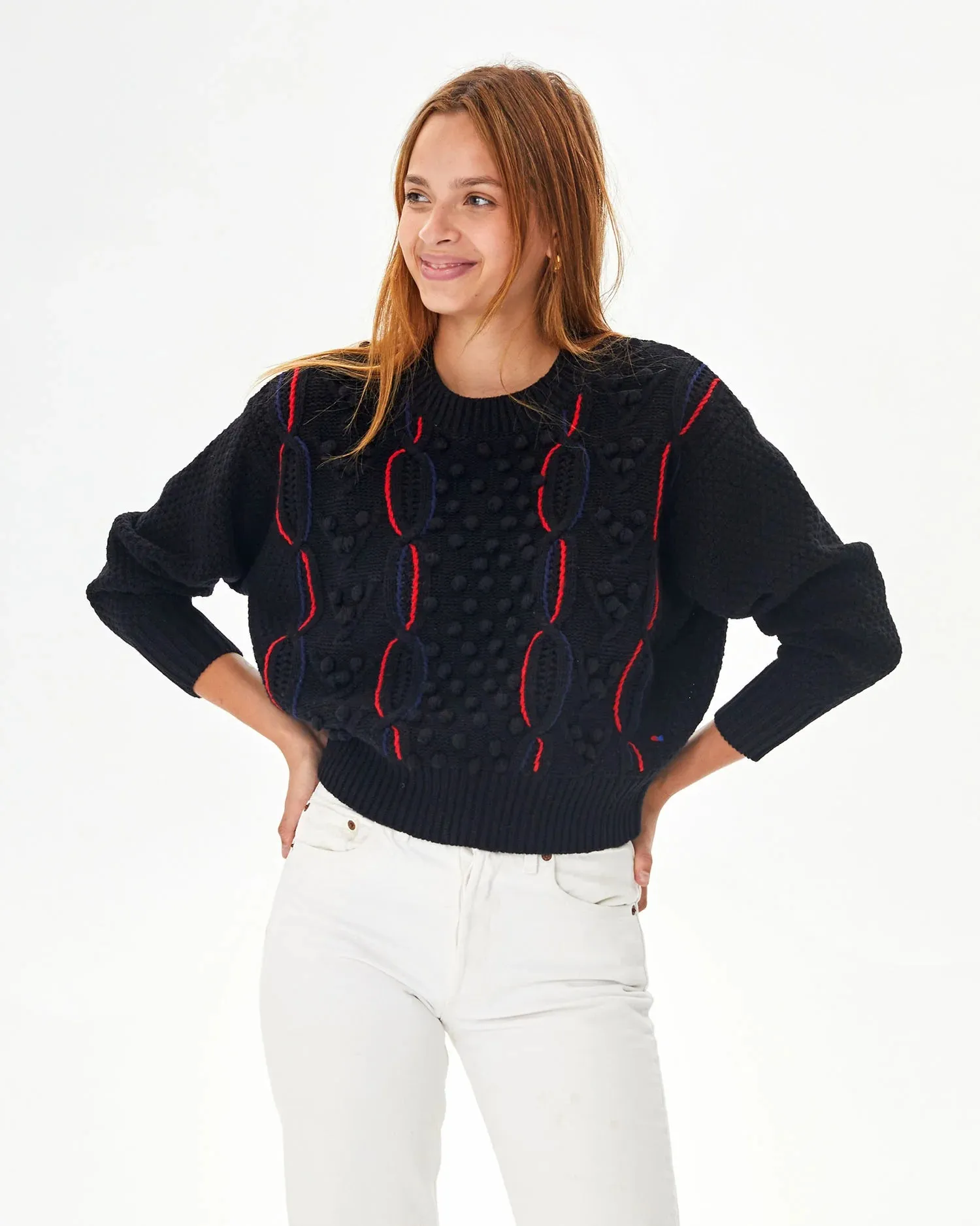 Drop Shoulder Sweater ~ Black W/ Navy Poppy Chains