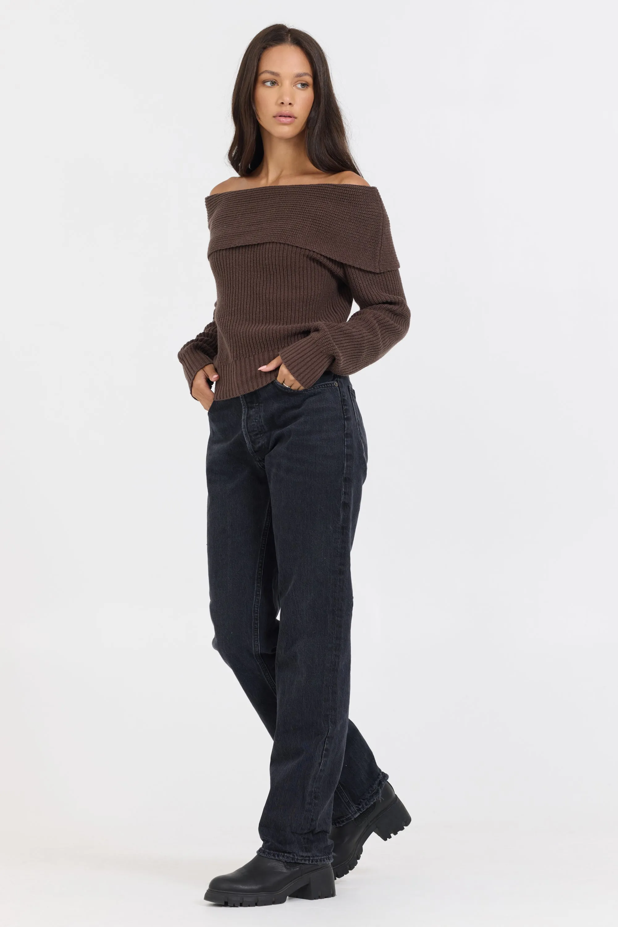 Espresso Off ShoulderBack Zip Sweater