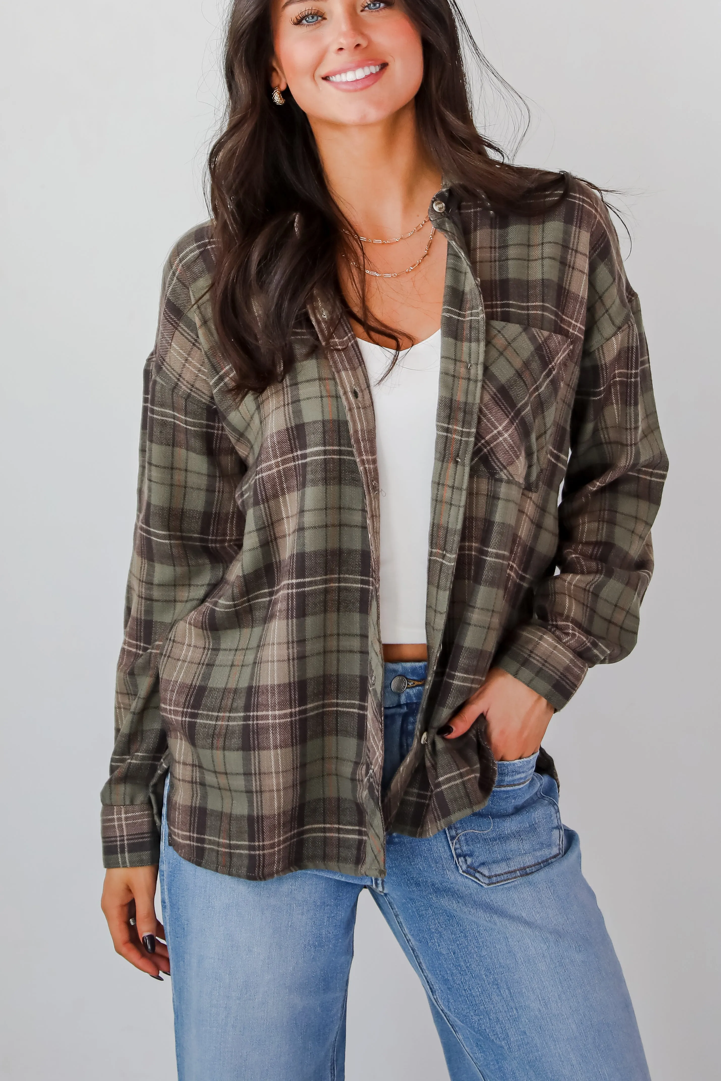 FINAL SALE - Significantly Chic Light Olive Plaid Flannel