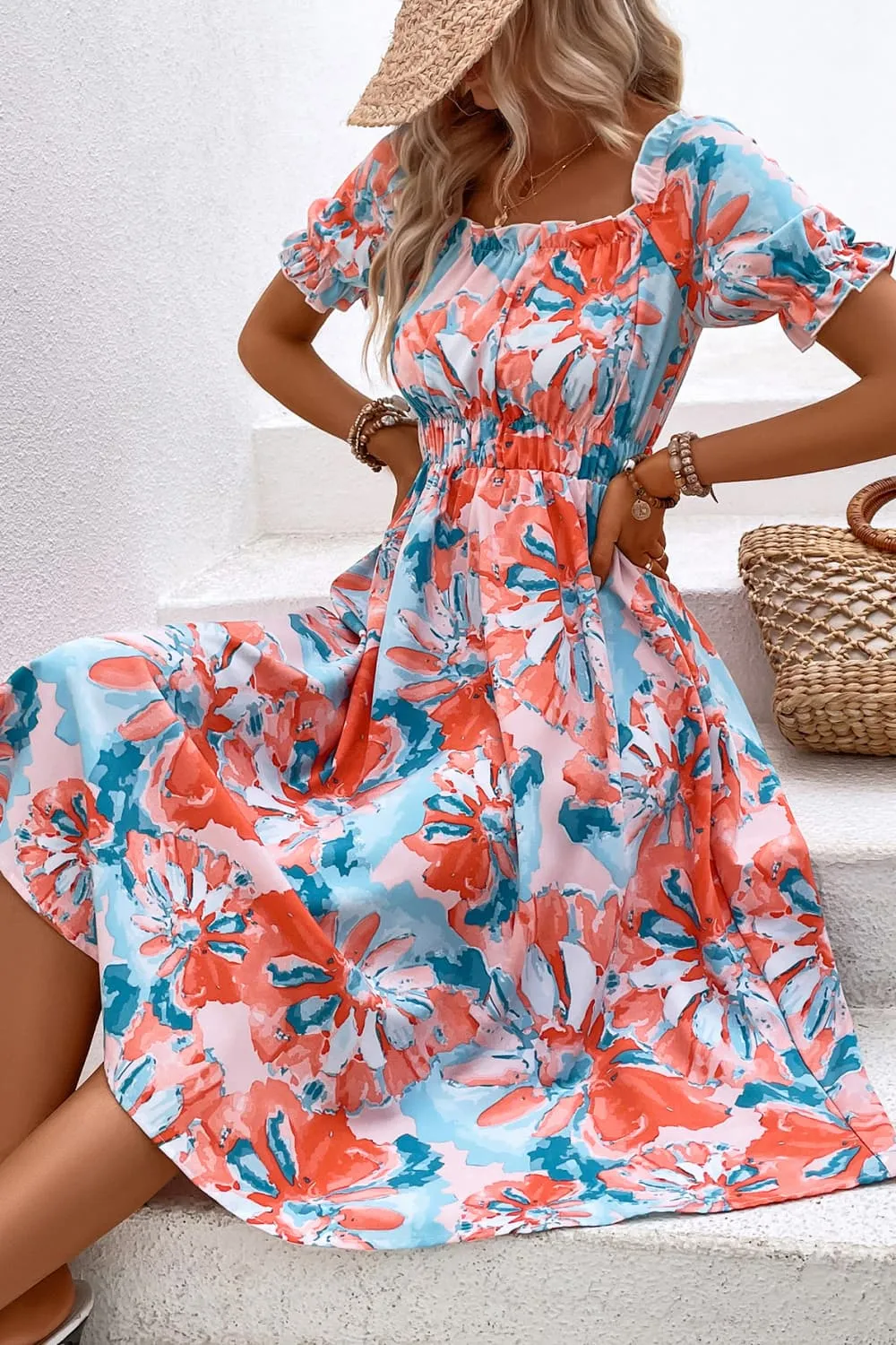 Floral Frill Trim Square Neck Dress