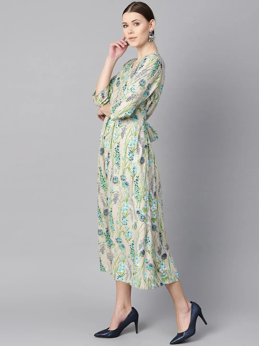 Floral Print Dress With Gathers In Centre With A Belt At The Back