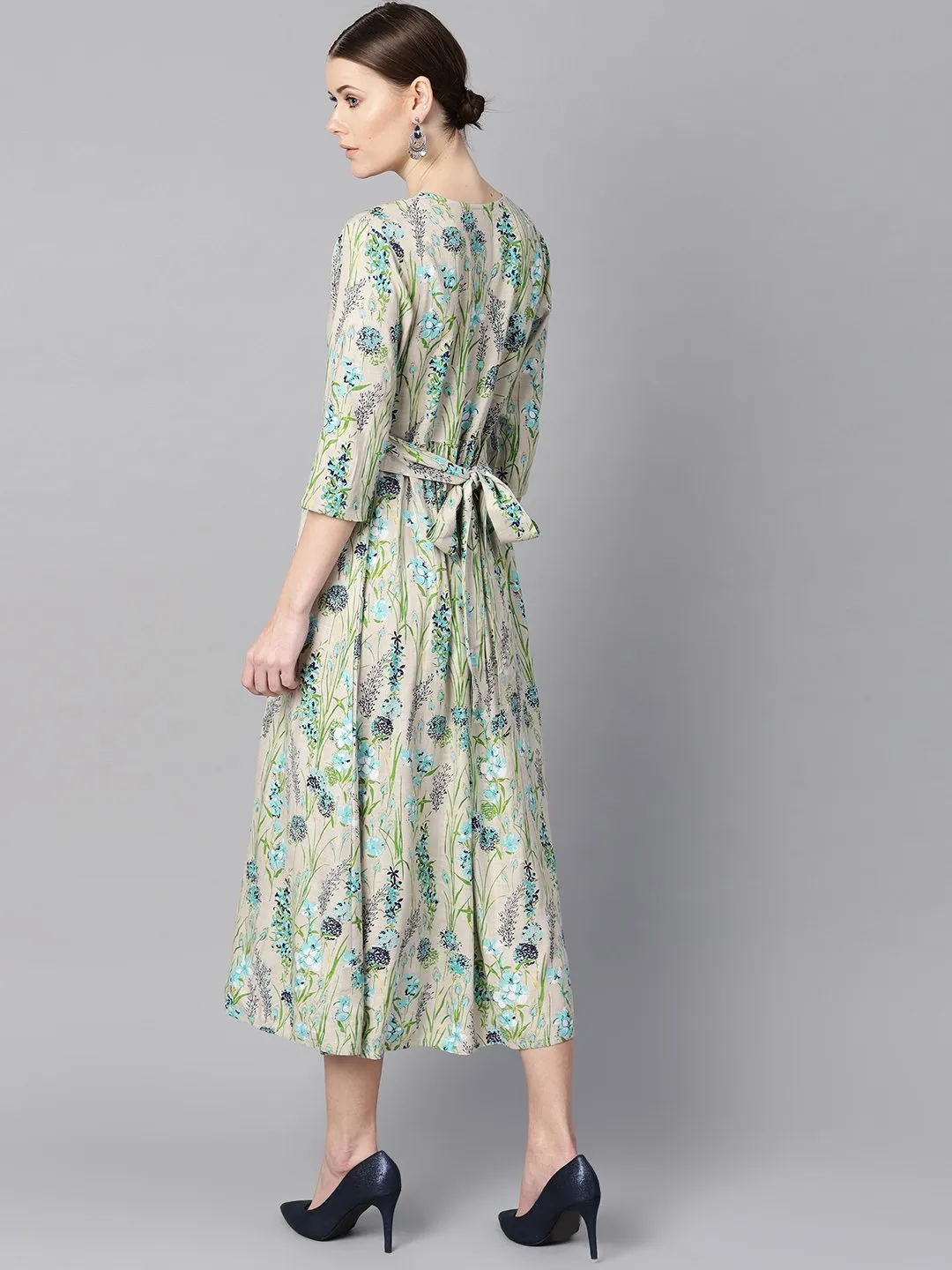 Floral Print Dress With Gathers In Centre With A Belt At The Back